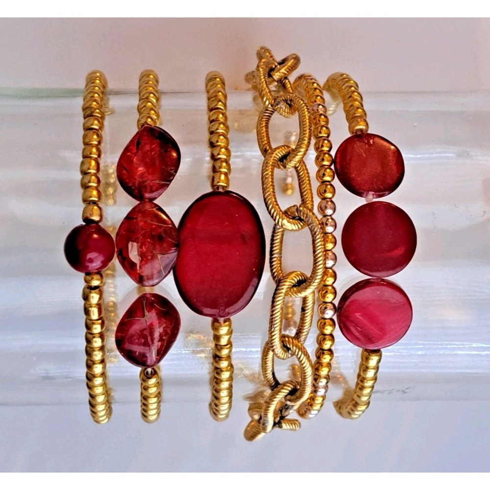 Bohemian Red Glass and Gold Bead Bracelet Stack, 6pc